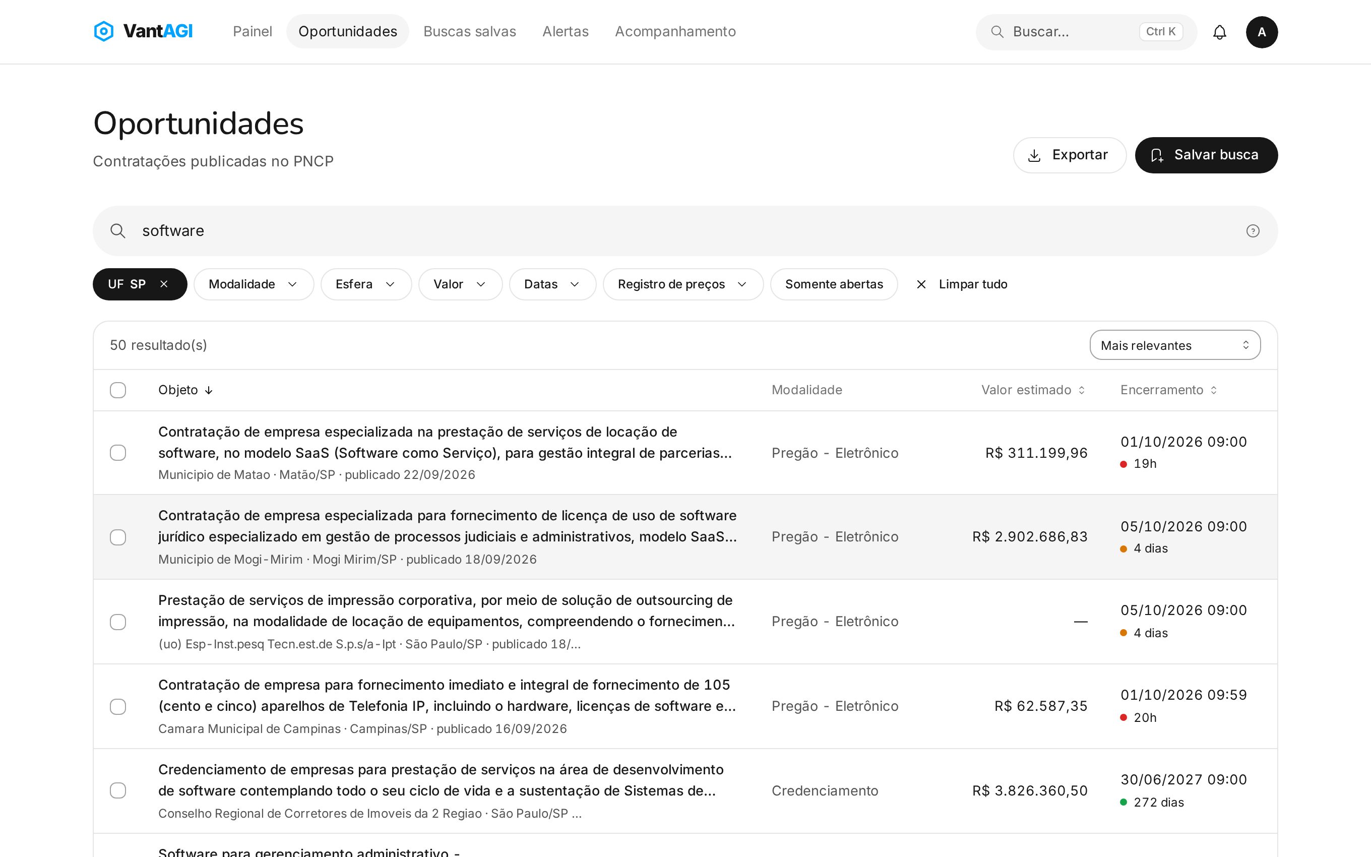 Lista de oportunidades com filtros por estado e modalidade, valores e prazos